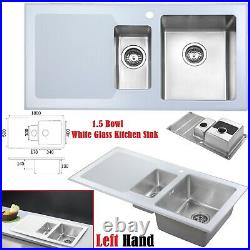 1.5 Bowl Reversible White Glass Stainless Steel Kitchen Sink 1000 x 500mm LHD