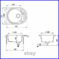 580 x 470mm Reversible Round Single Bowl Inset Composite Sink with Drainer CS010