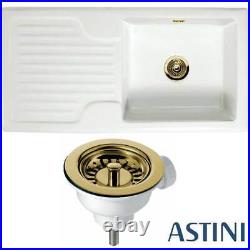 Astini Rustique 100 1.0 Bowl White Ceramic Kitchen Sink & Gold Waste