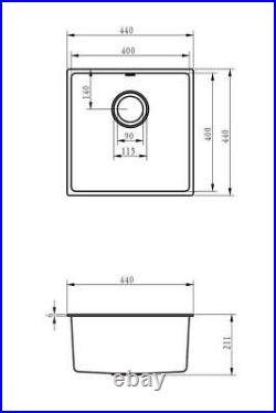 Black 1 Single Bowl Square Composite Undermount Kitchen Sink 440x440mm Waste Kit