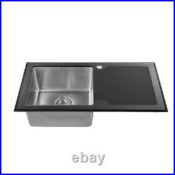 Black Reflection Single Bowl Glass Inset Kitchen Sink RHD & LHD Hand Drainer New