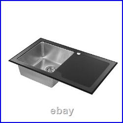 Black Reflection Single Bowl Glass Inset Kitchen Sink RHD & LHD Hand Drainer New