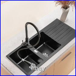 Black Single/Double/1.5 Bowl Kitchen Sink Undermount QuartzStone Basin Waste Kit