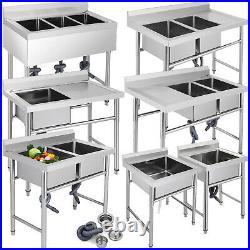 Commercial Kitchen Sink Wash Table Single/Double/3 Bowl Stand Stainless Steel