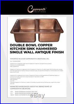 Double Bowl Copper Kitchen Sink Hammered Single Wall Design Antique Finish