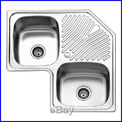 Double Inset Corner Bowl Stainless Steel Kitchen Sink Single Drainer & Waste Set