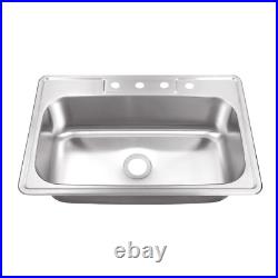 Drop In 20-Gauge Stainless Steel 33 Inches 4-Hole Single Bowl Kitchen Sink New