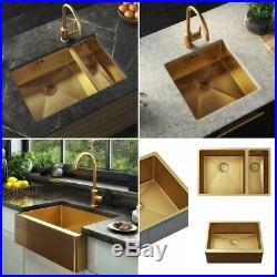 Gold Brushed Kitchen Sink Belfast 1.5 Bowl Inset Single Bowl Undermount Waste