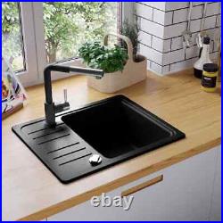 Granite Kitchen Sink Single Basin Black Bowl Drainer Strainer Basket Overmount