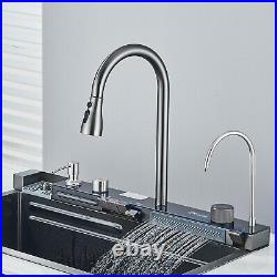 Grey Waterfall Household Sink Integrated with Pull-Out Mixer Tap Set Single Bowl