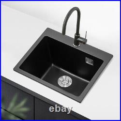 Inset Undermount Kitchen Sink Black Quartz Stone Single Bowl with Drainer Waste