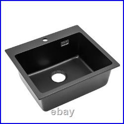 Inset Undermount Kitchen Sink Black Quartz Stone Single Bowl with Drainer Waste