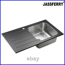 JASSFERRY New Premium Black Glass Top Stainless Steel Kitchen Sink 1.0 Bowl