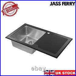 JASSFERRY New Premium Black Glass Top Stainless Steel Kitchen Sink Single Bowl