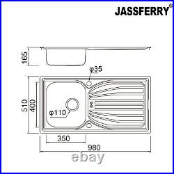 JASSFERRY New Stainless Steel Kitchen Sink Reversible Drainer 980 x 510 mm