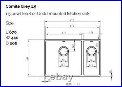 Matt Grey Kitchen Sink INSET OR UNDERMOUNTED Insert Single Bowl Comite Inc WASTE