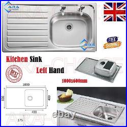 New Stainless Steel Single Bowl Sit On Sink 1000 mm x 600 mm Left Hand Drainer