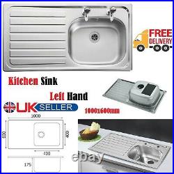 New Stainless Steel Single Bowl Sit On Sink 1000 mm x 600 mm Left Hand Drainer