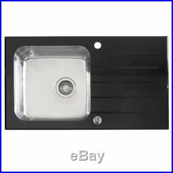 Reversible Black Glass + Stainless Steel Kitchen Sink 860mm Single Bowl + Waste