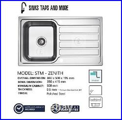 STM Zenith 1.0 Single deep Bowl S. Steel Reversible Kitchen Sink inset 860x500mm