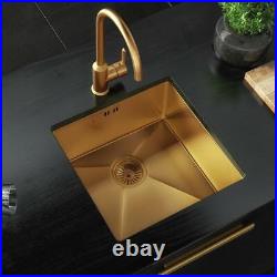 Single Bowl Inset/Undermount Brushed Gold Stainless Steel Kitchen Sink & Waste