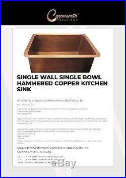 Single Bowl Single Wall Hammered Copper Kitchen Sink (without front apron)