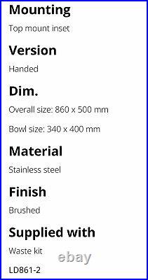 Smeg LD861D-2 87cm Mira Single Bowl Right Hand Drainer Sink Stainless Steel