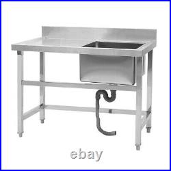 Stainless Steel Commercial Wash Sink Table Single Bowl Kitchen Backsplash Waste