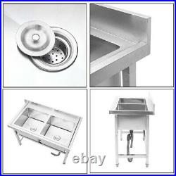 Stainless Steel Commercial Wash Sink Table Single Bowl Kitchen Backsplash Waste