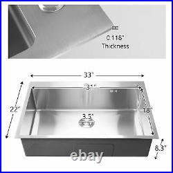 Stainless Steel Top Mount Kitchen Sink Single Bowl Basin 33x22x8.3