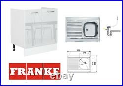 White Gloss Kitchen Cabinet Cupboard Base Unit 80cm Franke Single Bowl Sink Rosi