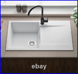 White Granite Kitchen Sink Single Bowl Waste Basin Reversible