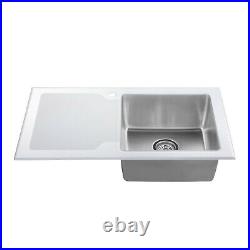 White Reflection Single Bowl Glass Inset Kitchen Sink RHD & LHD Hand Drainer New